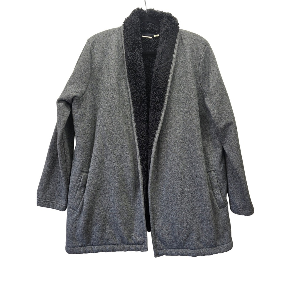 LL Bean Womens XL Gray Sherpa Lined‎ Open Front Fleece Cardigan Jacket